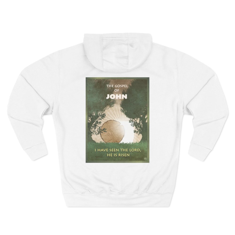 Halo House Christian Gospel of John He Is Risen Hoodie featuring inspirational faith based Bible scripture design
