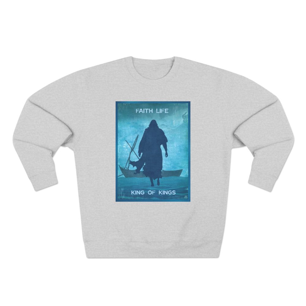 Halo House Jesus Walk on Water Sweatshirt featuring inspirational biblical story Christian faith design