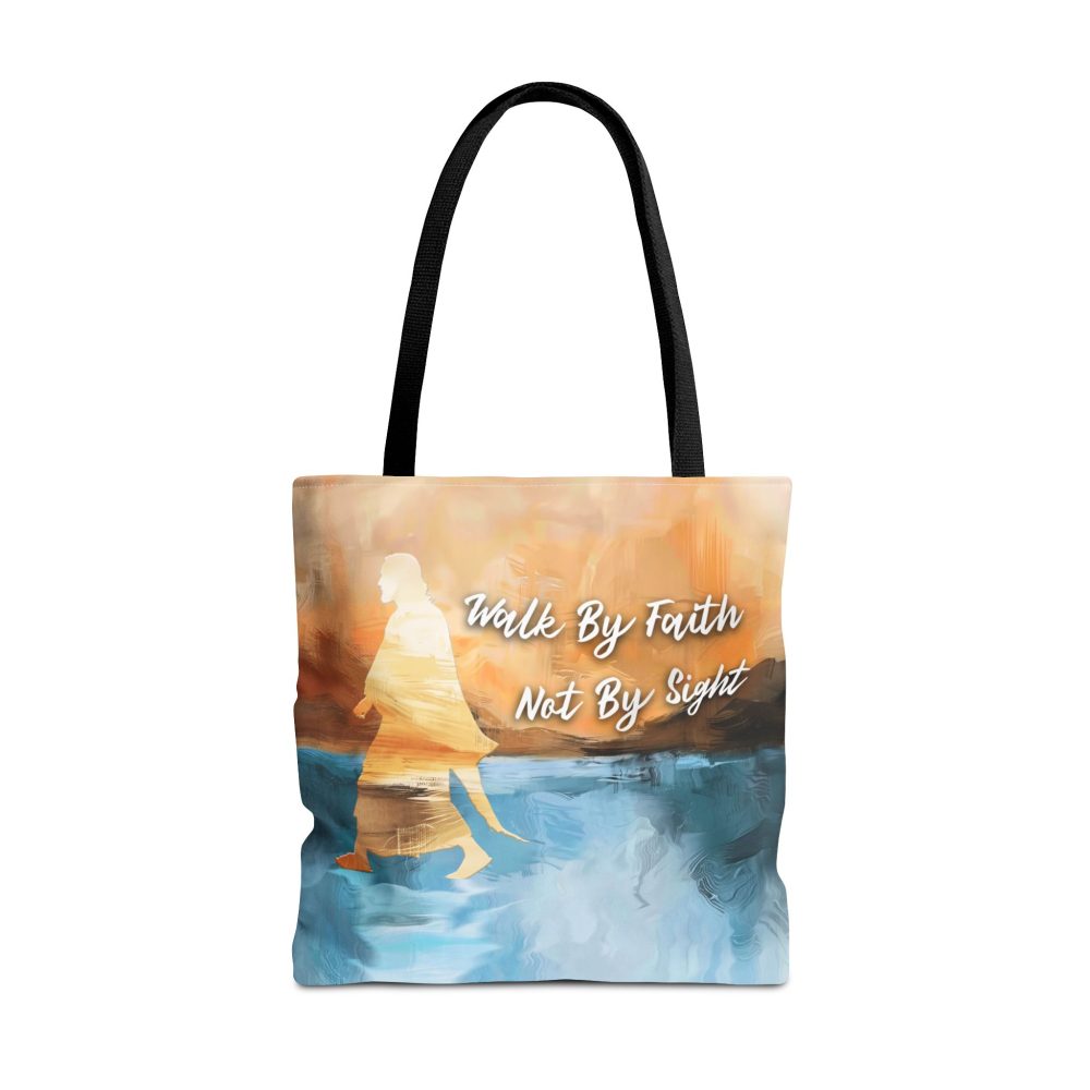 Halo House Walk by Faith not by Sight Christian Tote Bag featuring inspirational 2 Corinthians chapter 5 verse 7 faith design