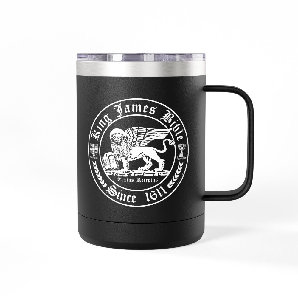 King James Bible White Lion Logo Christian Travel Mug - KJV Coffee Mug 15oz