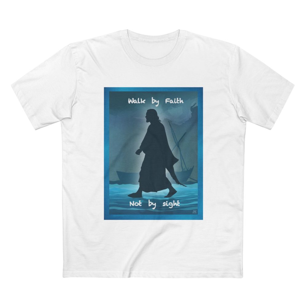 Halo House Walk by Faith Not by Sight Christian T Shirt featuring inspirational 2 Corinthians chapter 5 verse 7 faith design