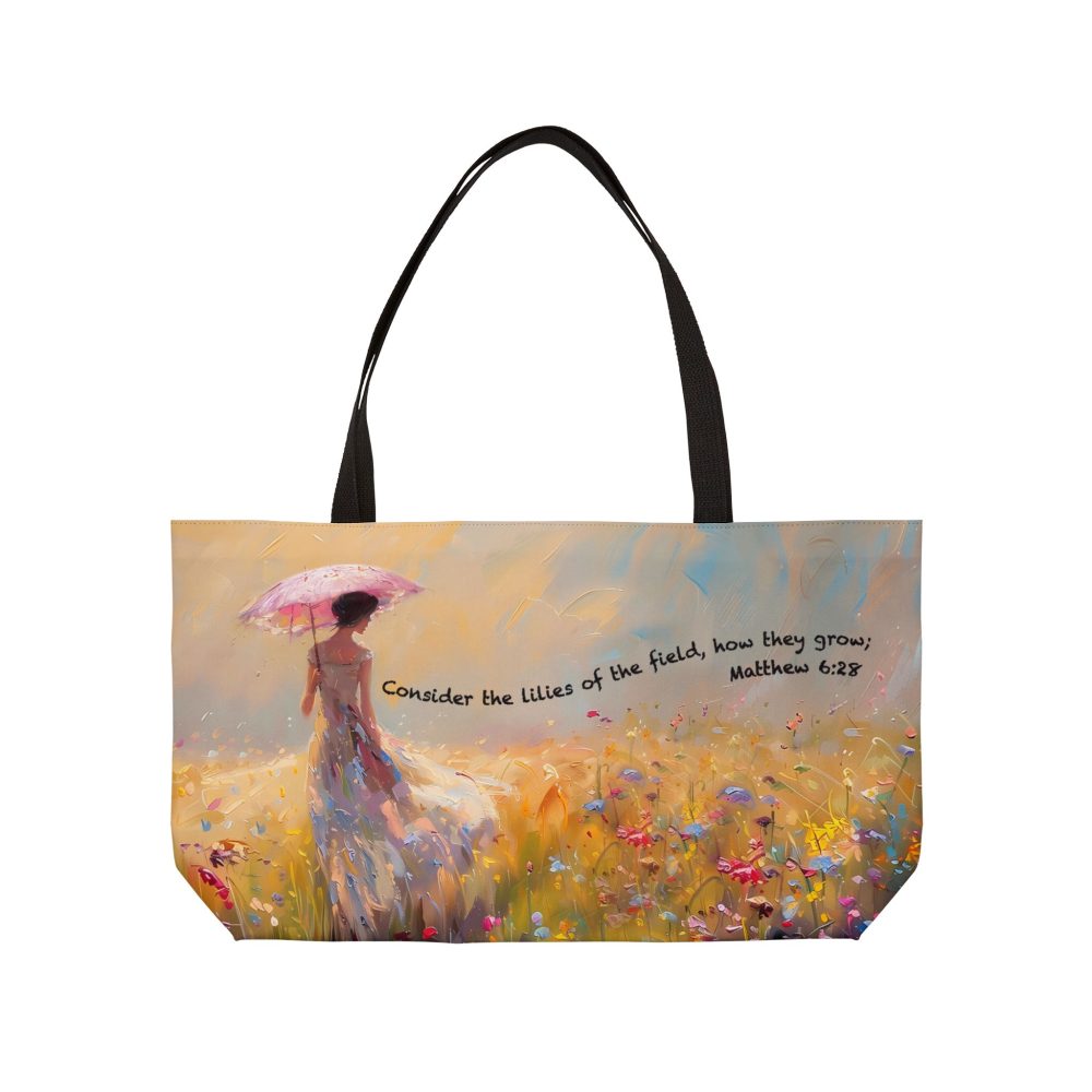 Halo House Matthew chapter 6 verse 28 Vacation Weekender Tote Bag featuring inspirational Bible scripture faith design