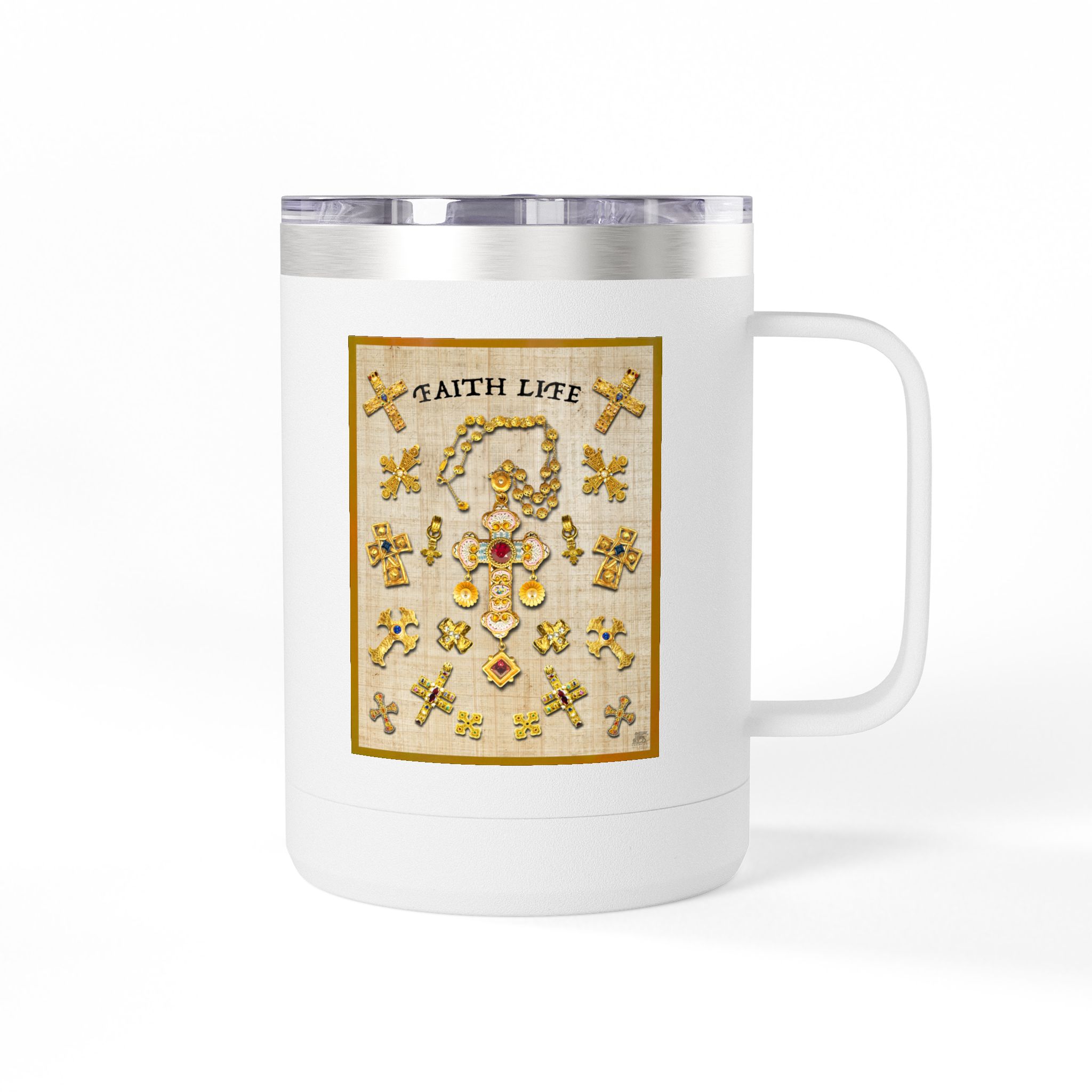 Golden Crosses Christian Travel Mug - Christian Coffee Mug 15oz 1 Golden Crosses Christian Travel Mug - Christian Coffee Mug 15oz
