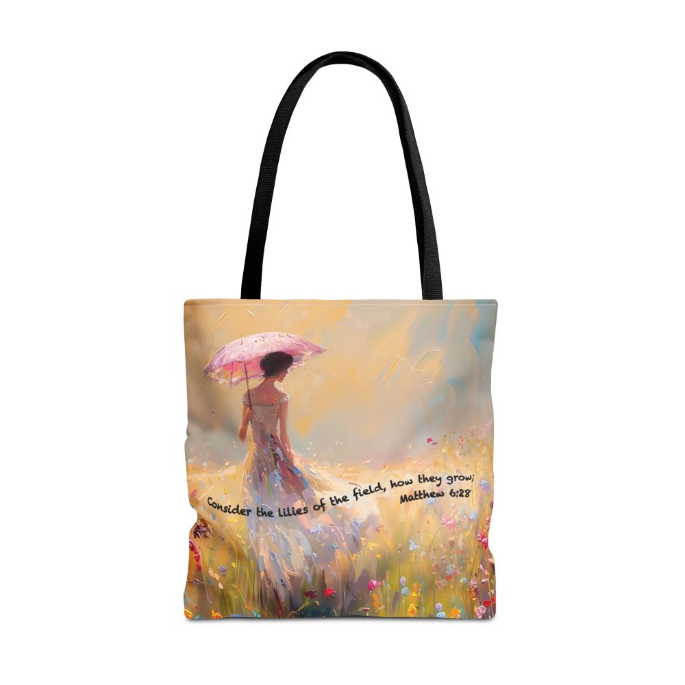 Matthew 6:28 Christian Tote Bag - Inspirational Bible Verse Faith Tote Bag