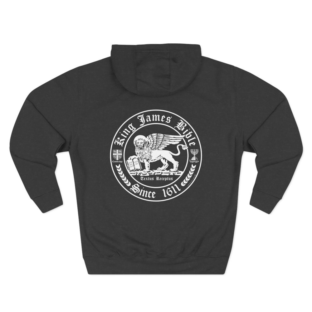 Halo House Christian KJV Bible White Lion Hoodie featuring inspirational faith based Bible design